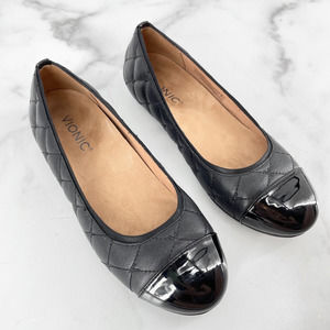 Vionic Womens Desiree Ballet Flats Shoes Black Quilted Cap Toe Leather Slip On 7